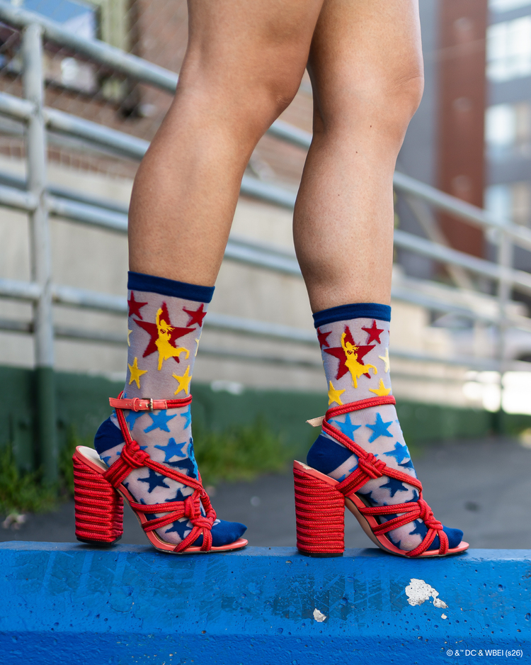 Sock Candy Supergirl Star Shimmer Sheer Crew Sock Sheer socks Fashion socks Star socks Supergirl socks Socks with heels DC Comics socks