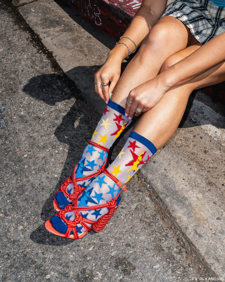 Sock Candy Supergirl Star Shimmer Sheer Crew Sock Sheer socks Fashion socks Star socks Supergirl socks Socks with heels DC Comics socks