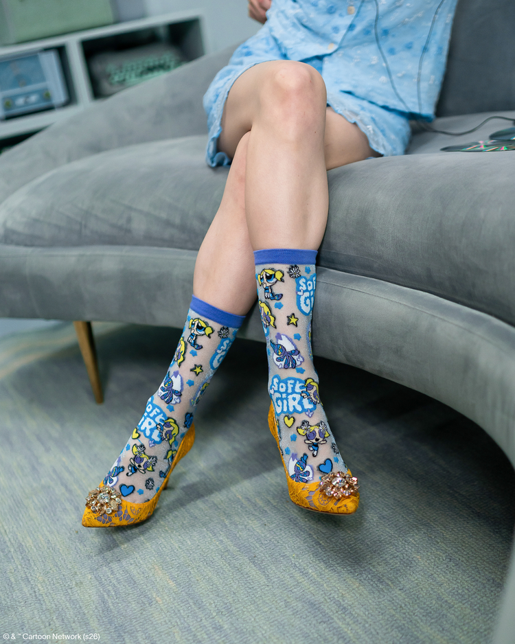 Sock Candy The Powerpuff Girls Bubbles Shimmer Sheer Crew Sock Powerpuff Girls Socks Fashion Socks Sheer Socks Y2K socks Bubbles Socks socks with heels