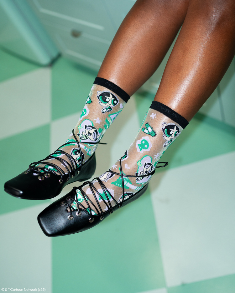 Sock Candy The Powerpuff Girls Buttercup Shimmer Sheer Crew Sock Powerpuff Girls Socks Fashion Socks Sheer Socks Y2K Socks Buttercup Socks socks with flats