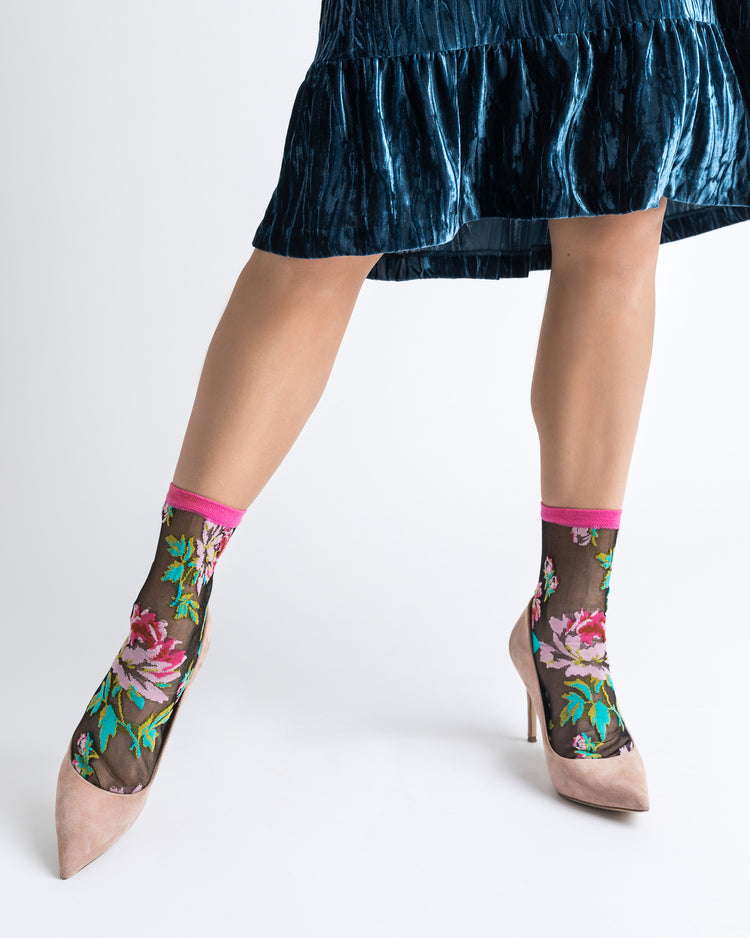 Sock Candy English Rose Floral sheer black socks fashion socks